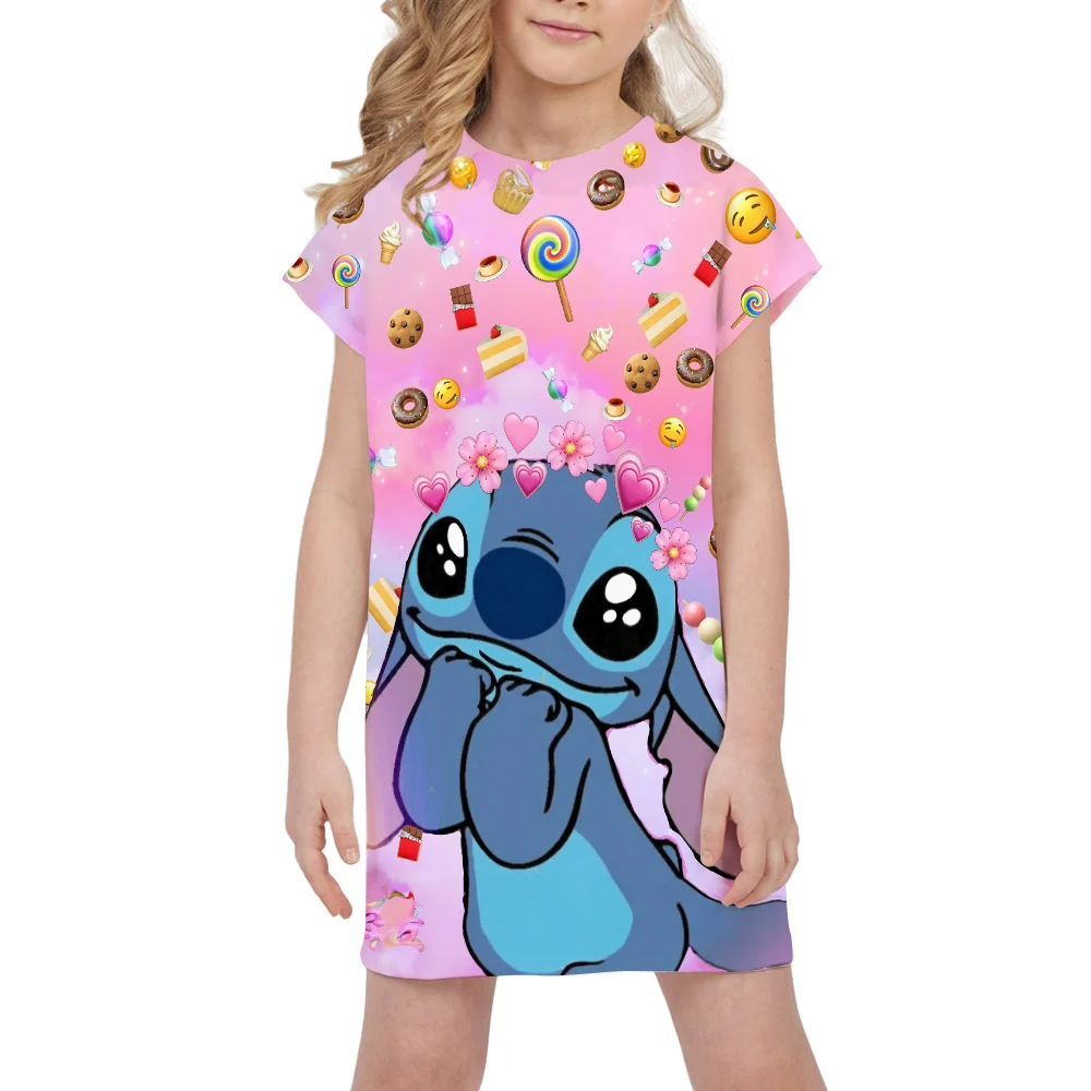 Summer Girl Disney Stitch Dress Pink Heart Casual Clothing Child Girls Princess Dresses Kids\' Birthday Gifts Soft Holiday Wear