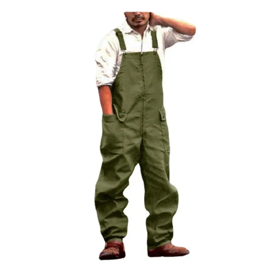 2024 New Men\'s Jumpsuit Plus Size Streetwear Solid Color Overalls Pockets Loose Suspenders Baggy Work Wear Cargo Pants Men