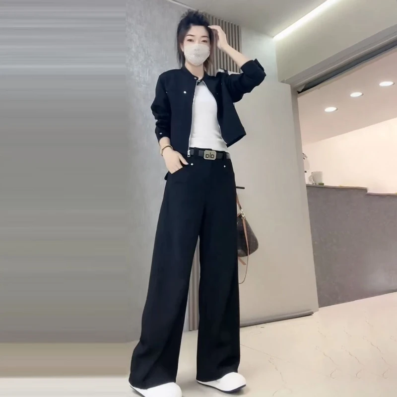 

Тонкий и минималистичный повседневный комплект, женская осенняя короткая куртка на молнии с круглым вырезом + широкие брюки с прямыми штанинами, комплект из двух предметов