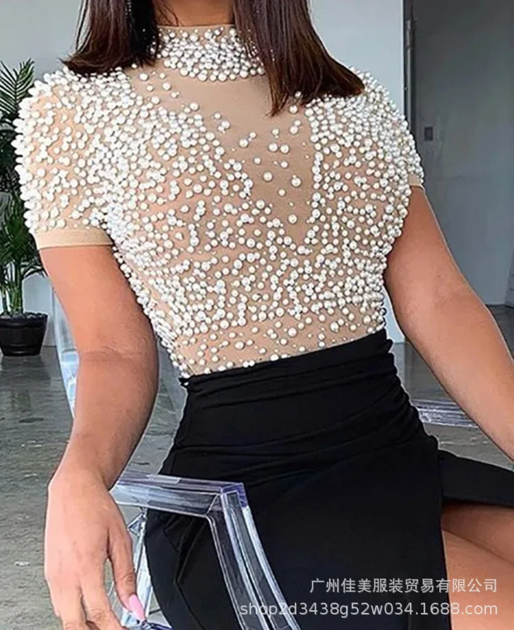 Womens Dresses New Sexy Perspective Sheer Pearl Slit Round Neck Short Sleeve Fashion Women\'s Evening Long Dress Summer 2024