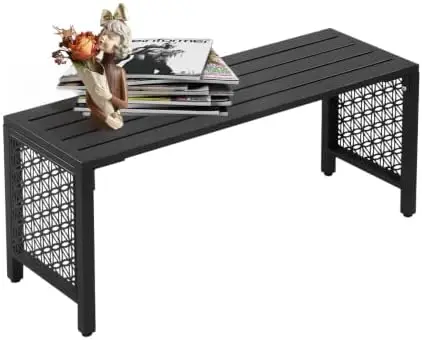 40in Outdoor Metal Bench, All-Weathe Backless Patio Bench with Slatted Seat＆Floral Side Panels, Rust-Resistant Garden