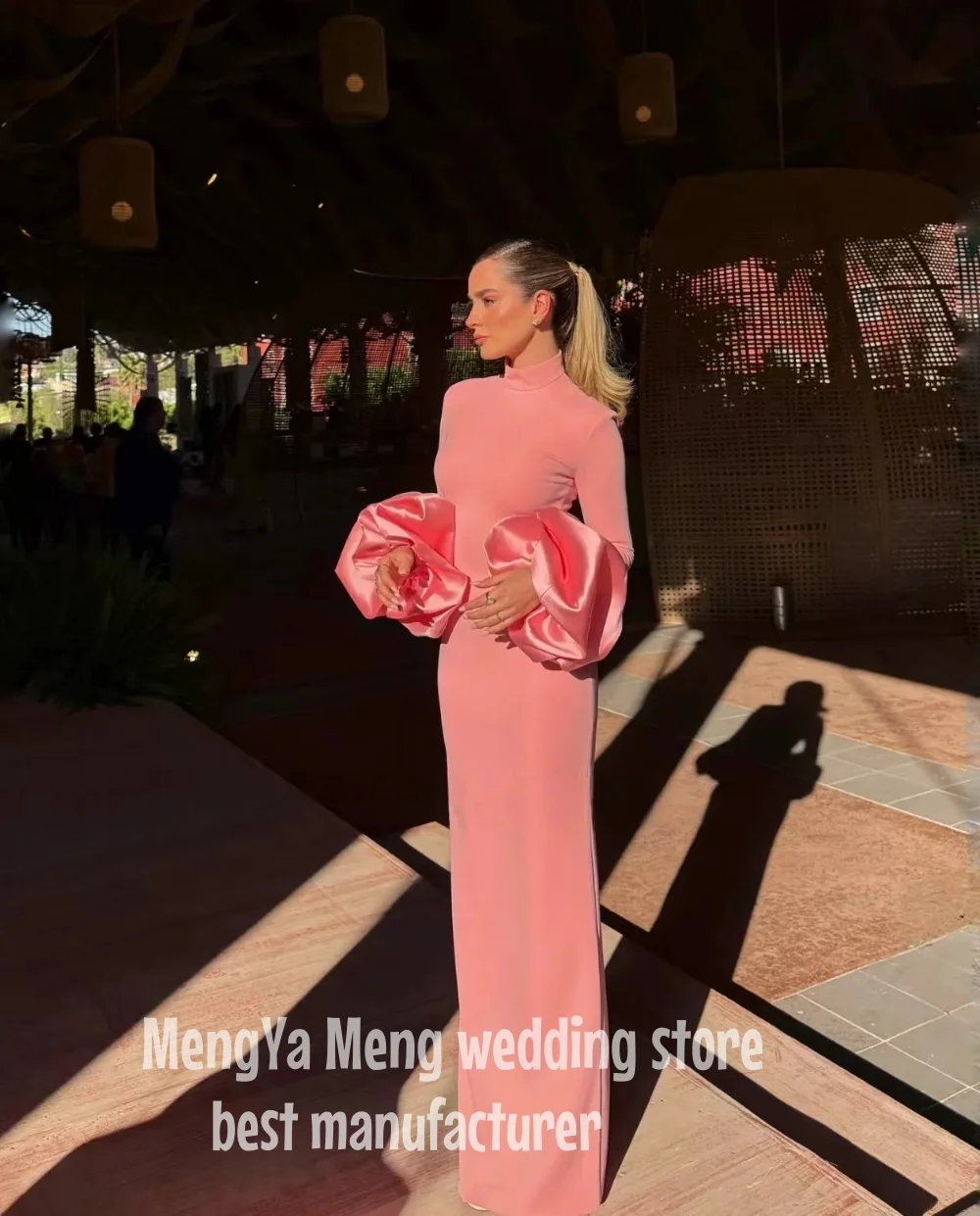 ZHUISHU Modest Pink Crepe Long Evening Dress High Collar Full Sleeves Saudi Arabric Prom Dresses Formal Dubai Prom Gowns Customi