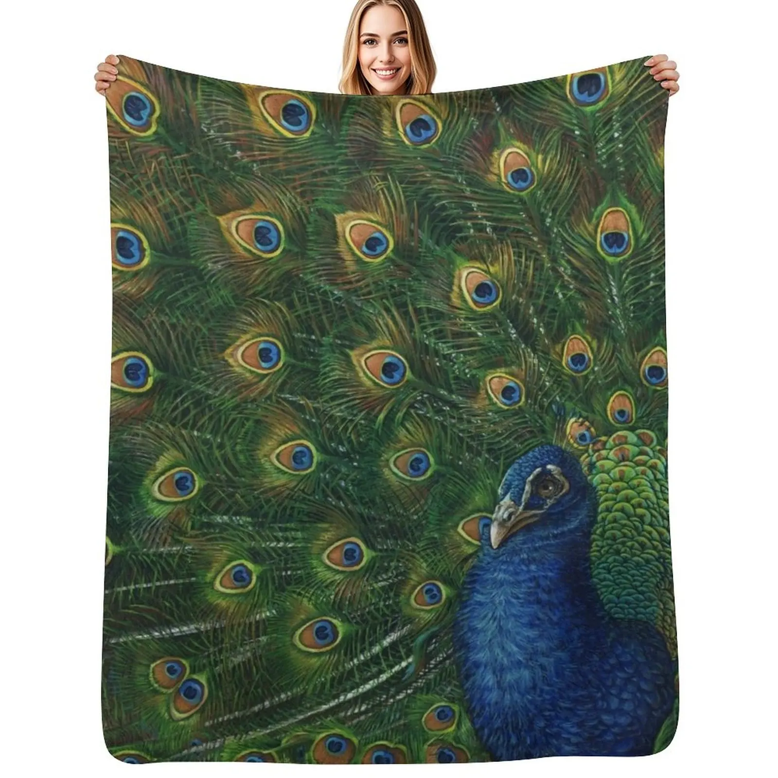 

Big Blue Peacock fan tail painting Throw Blanket Flannel Moving for babies Soft Plaid Blankets