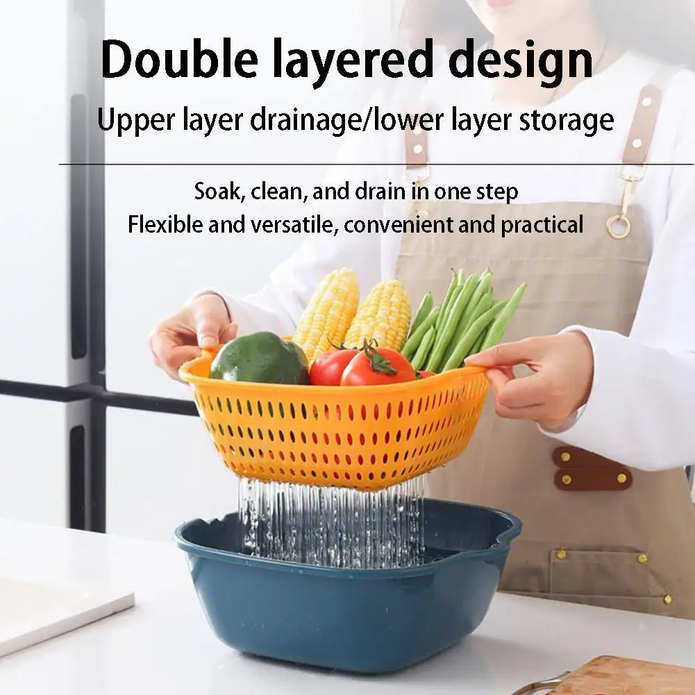 6 Piece Set Double Layered Household Vegetable Washing Vegetable Multi Functional Basket Basket Basin Drain Kitchen Fruits X8H9