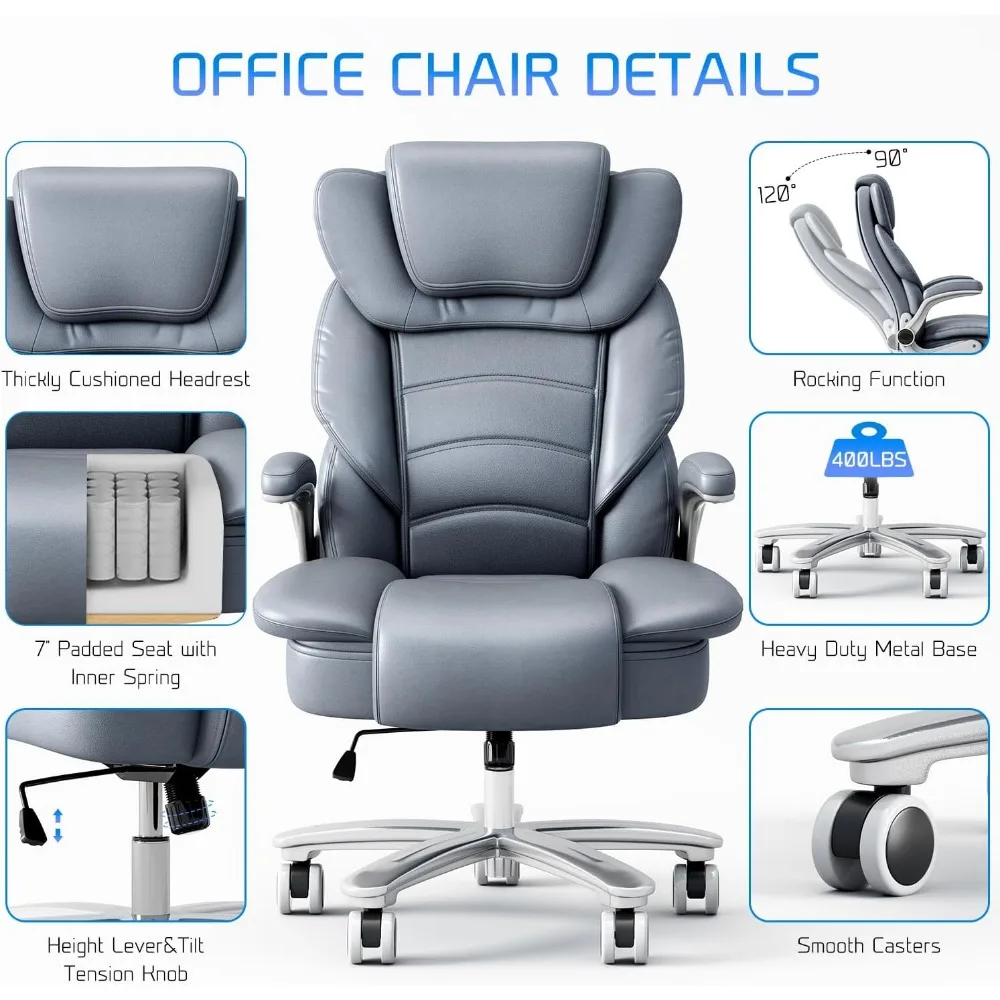 Silla de oficina grande y alta, asiento ancho de 400lb, silla de oficina ejecutiva de cuero de Espalda alta con brazos abatibles, escritorio de computadora ergonómico