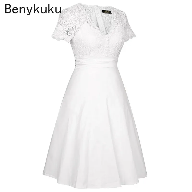 Letnia damska sukienka imprezowa Vintage V Neck Krótki rękaw Biała sukienka Wydrążona koronka Eleganckie sukienki damskie A Line Casual Vestidos