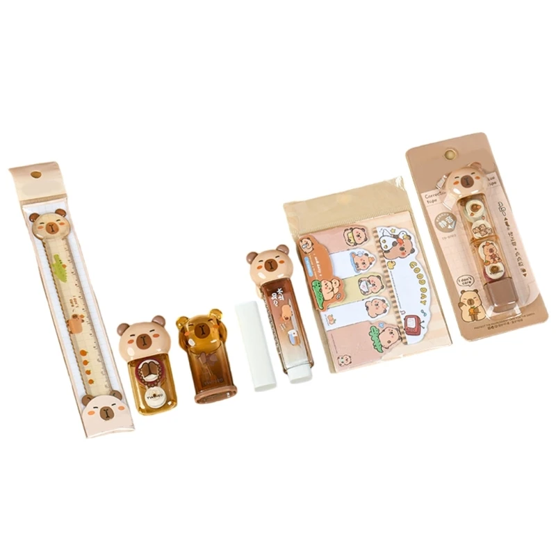 1 Set Set Capybara Stationery Set Set Routener Ruler Eraser Recrection лента Sticky Notes Learning Gift Box School Supplies 601e