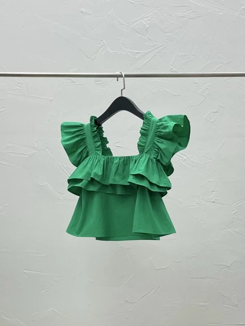 

2025 Elegantes Solid Color Pleated Ruffled White Doll Crop Blouse Tops Summer Shirts Tanks & Camis Sexy Blusas Mujer De Moda