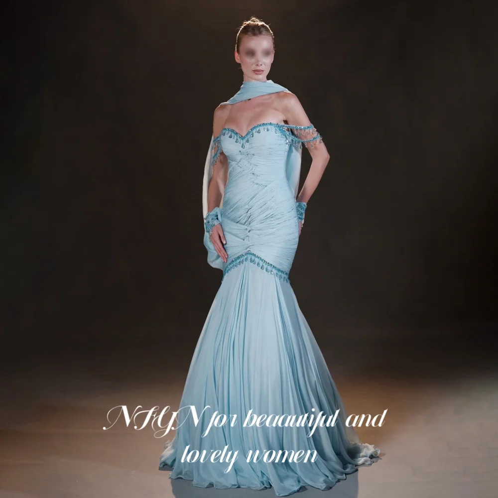 NFYN New Women Light Blue Strapless Prom Gown Sweetheart Ruched Beaded Evening Dress Scarf Sleeve Mermaid Party Dress Customized