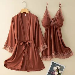 Spring Summer Women Robe Nightdress Sleepwear Two Piece Set Sexy Patchwork Lace Nightgown Kimono Bathrobe Loose Casual Home Wear