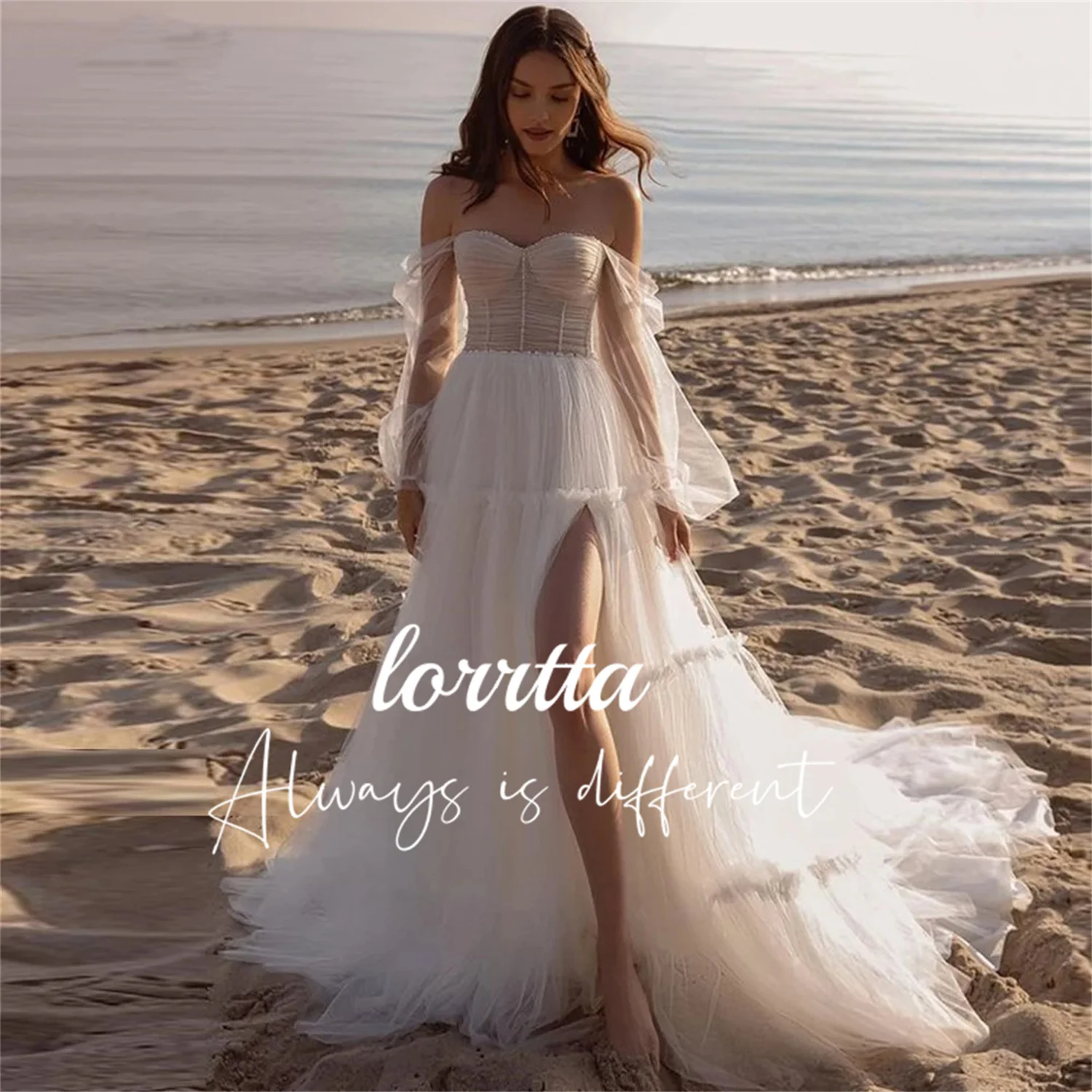 

Lorrtta Tulle Beach Dress Wedding Bride's Puff Sleeves Beads Side Slit Sweetheart Neckline فستان سهرة نسائي فساتين الحفلات طويلة