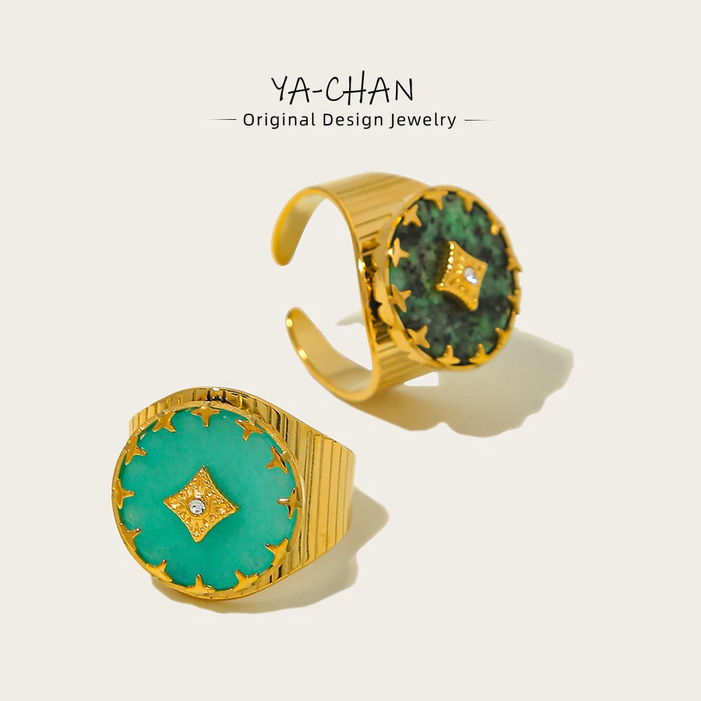 YACHAN 18K Gold-Plated Vintage Stainless Steel Rings for Women Natural Stone African Turquoise Waterproof Trendy Jewelry