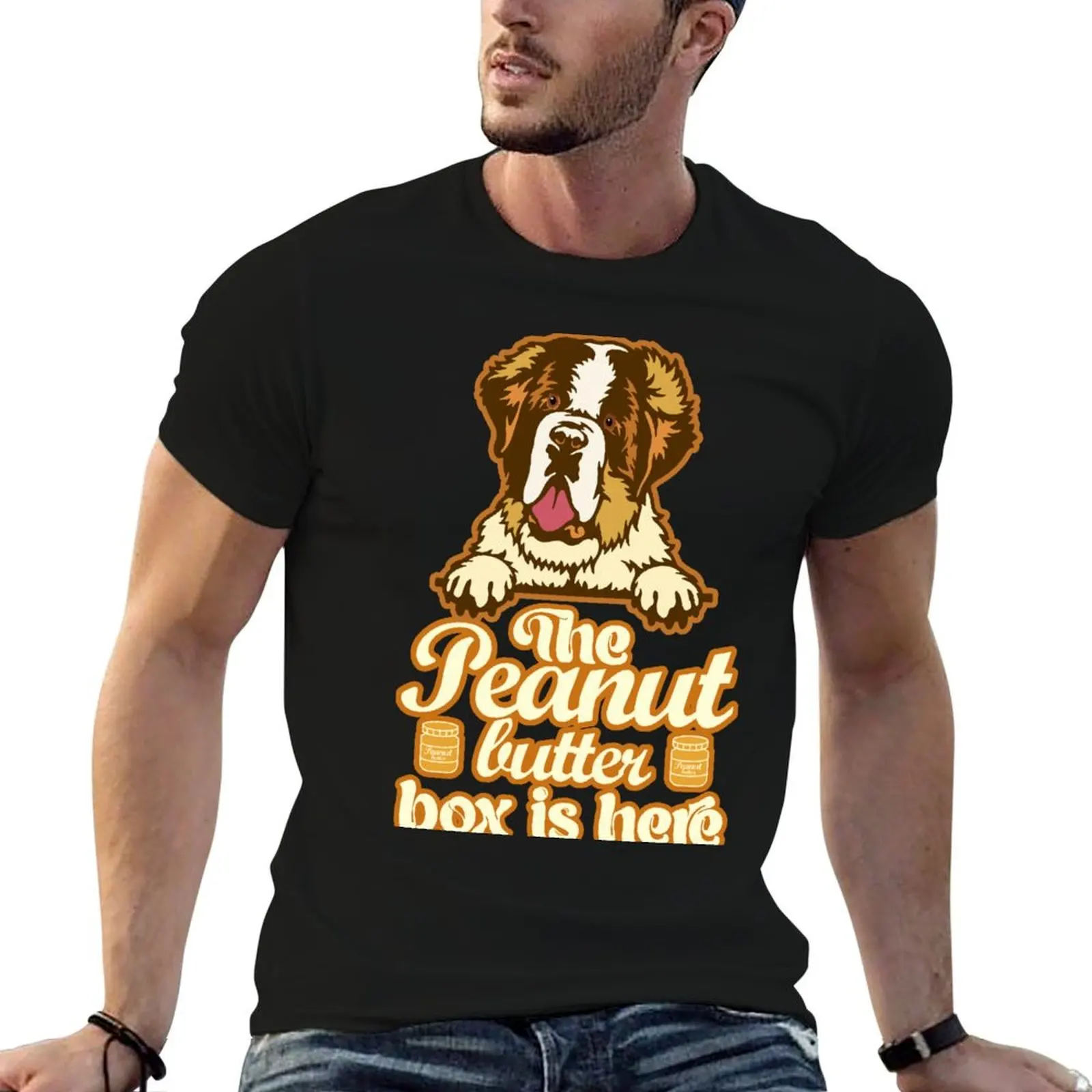 The Peanut Butter Box Is Here: Funny St. Bernard Dog Commercial Humor T-Shirt Retro Graphic Print T-Shirt