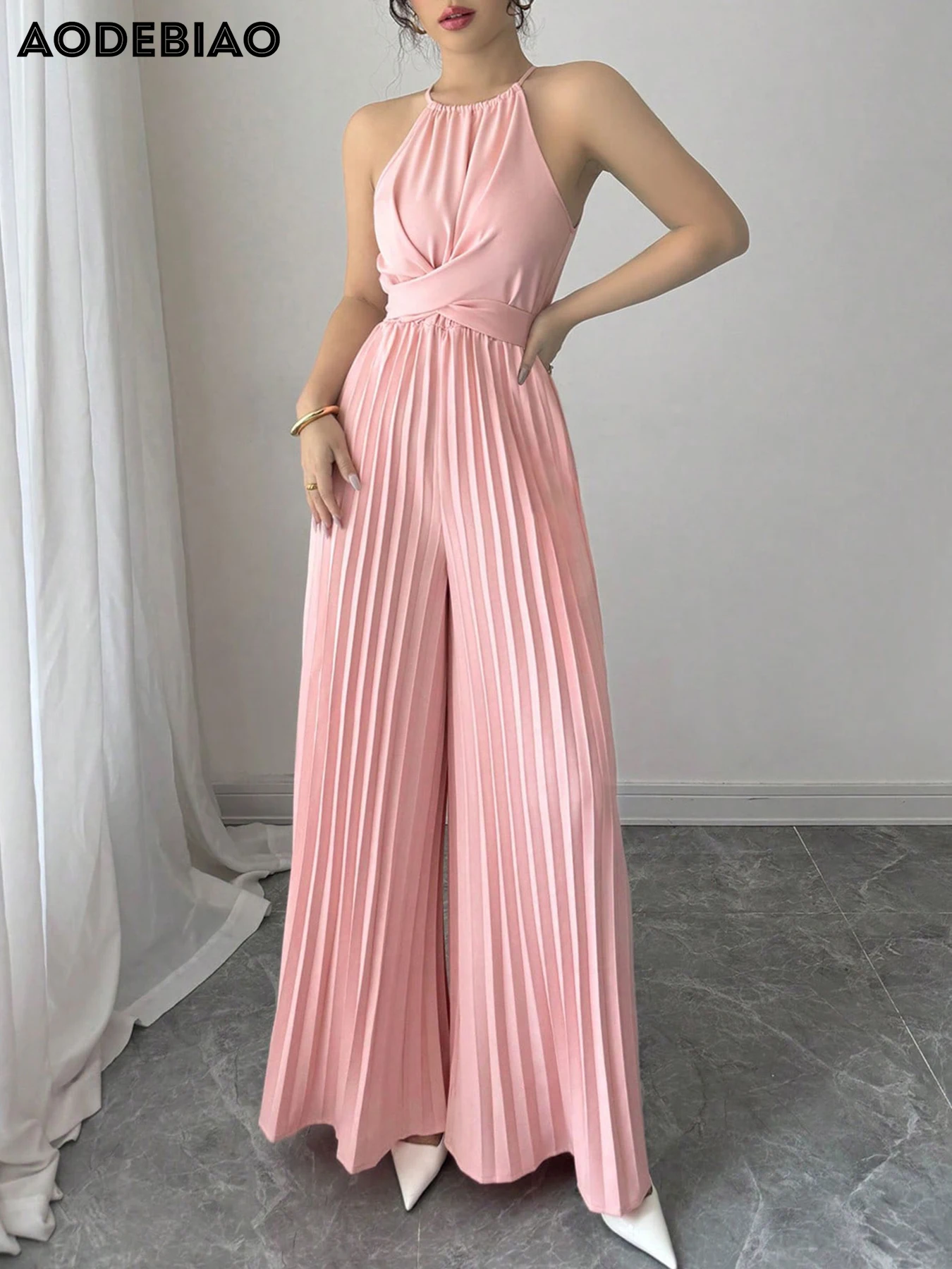 

AODEBIAO Summer Women's Jumpsuits Sleeveless Solid Fashion O- Neck Sexy Folds Rompers Casual Streetwear Basic Elegant Jumpsuits