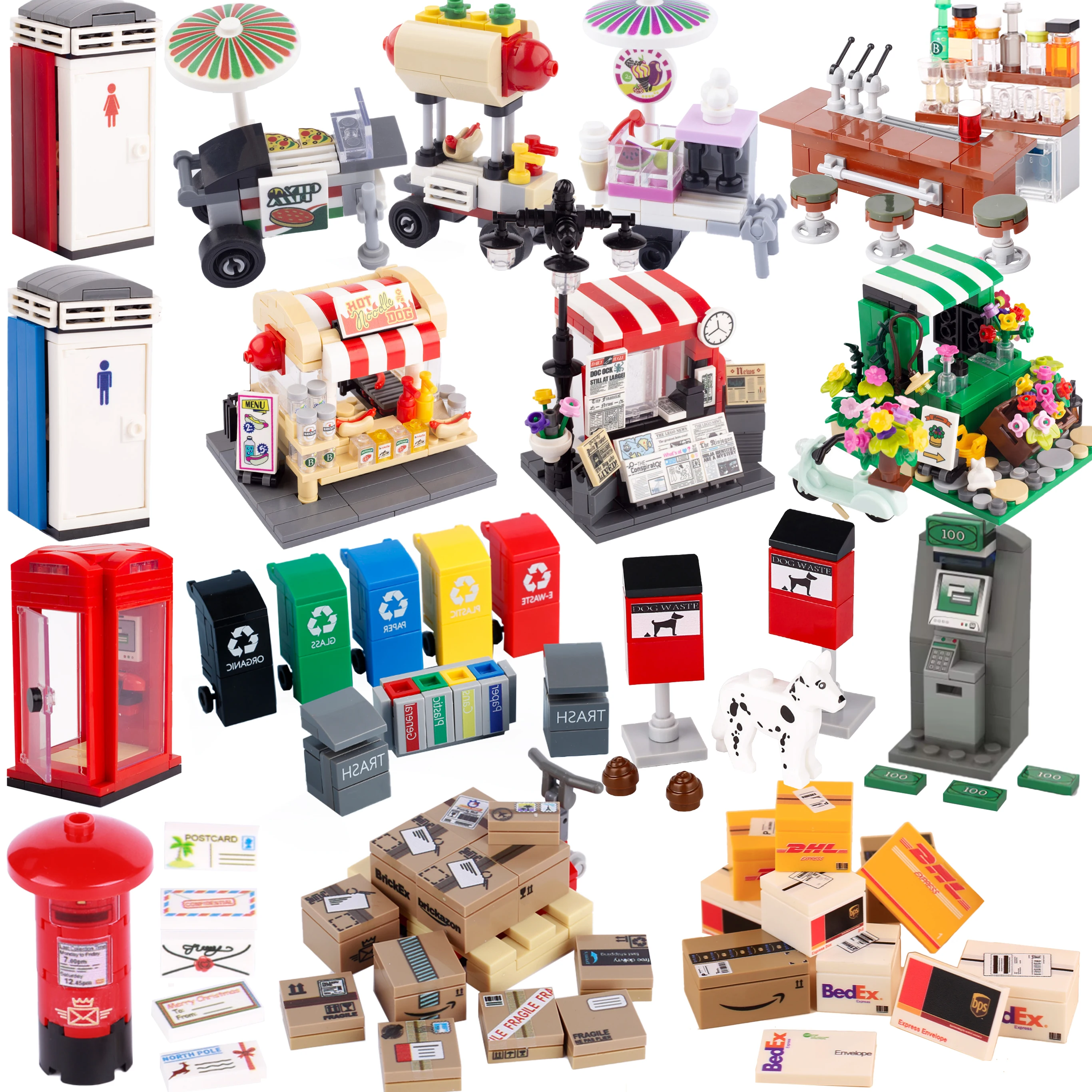 

MOC City Steet View Pizza Cart Coffee Shop Newsstand Building Blocks Kit Toilet Park Flower Bed Pizzeria Trash Can Bricks Toys