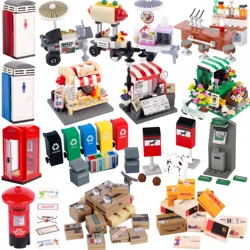 MOC City Steet View Pizza Cart Coffee Shop Newsstand Building Blocks Kit Toilet  Park Flower Bed Pizzeria Trash Can Bricks Toys