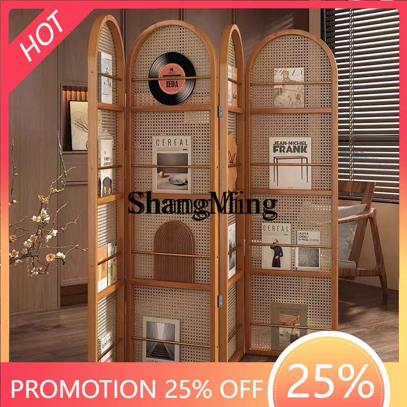 

SM Home Solid wood rattan screen Nordic retro living room home folding screen ancient entrance screen partition