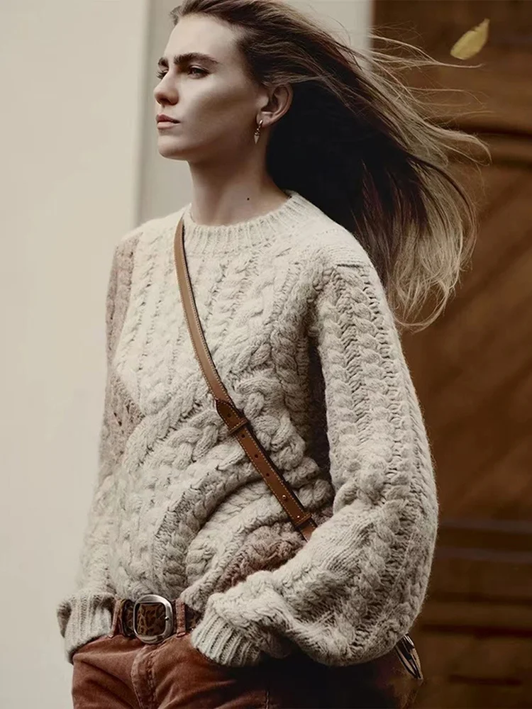 

Женский свитер с асимметричным подолом и круглым вырезом, ручной вязки, с вырезами и вставками, из смесовой шерсти, с длинными рукавами