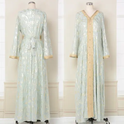 Marockansk kaftanklänning för kvinnor, folietryckt arabisk mantel med bälte Jalabiya, kvällsfest Ramadan Eid bröllop Dubai islam muslimsk abaya 10 best sales Marockansk brudklänning - №6