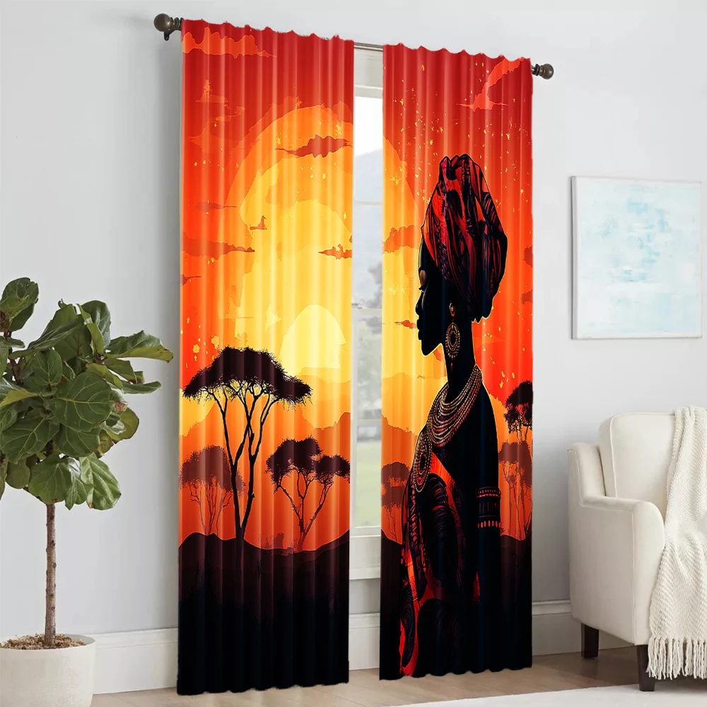 2 pcs, versatile polyester transparent curtains for home decoration African Women in Tribal Attire Under Sunset Sky for use in