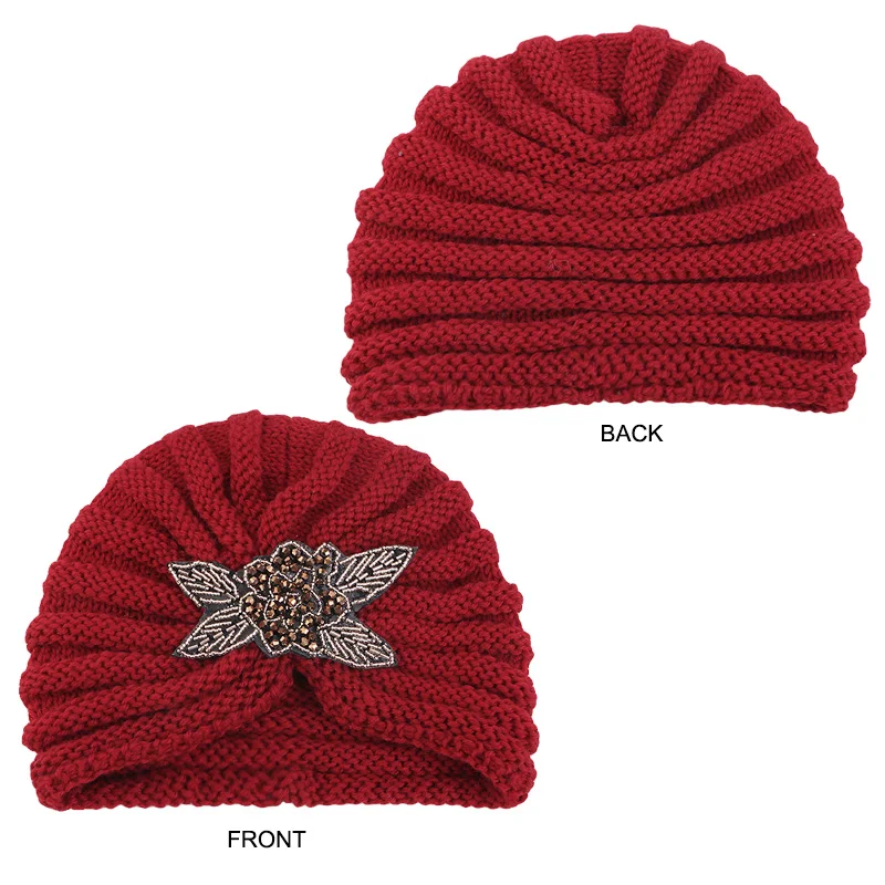 New Women\'s Rhinestone Flower Handmade Knitted Turban Outdoor Acrylic Beanie Cap Elastic Head Wraps Coldproof Warm Knit Hats