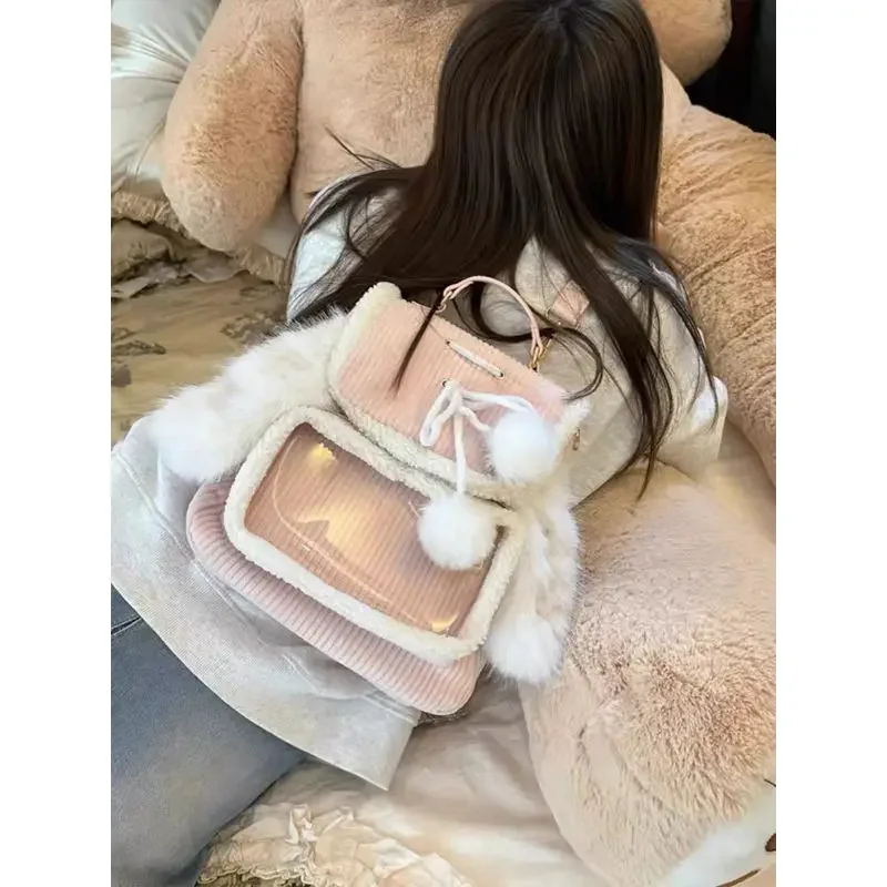 Xiuya Zaini piccoli rosa per donna Orecchie di coniglio Carino velluto a coste Lolita Jk Ita Borsa trasparente Peluche Kawaii Borse estetiche femminili