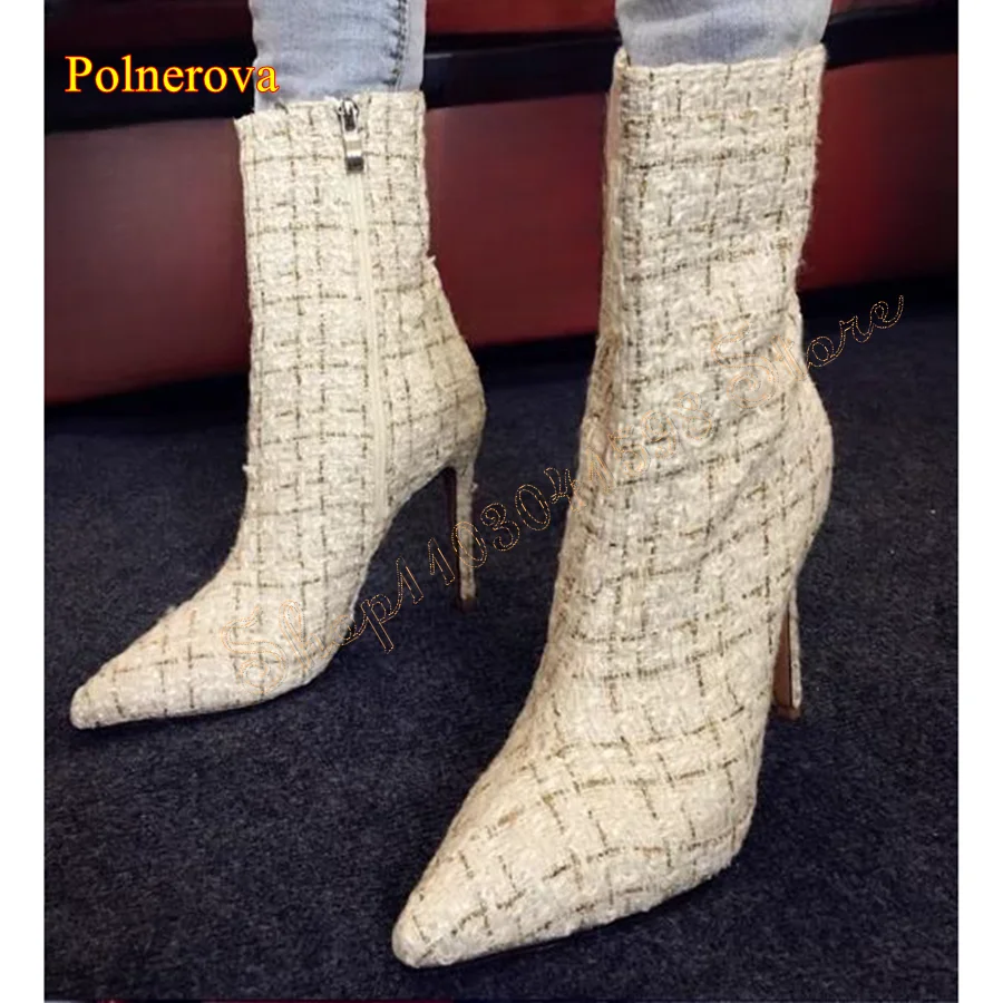 

Fashion Pointed Toe Plaid High Heel Boots,Stiletto Zipper Women Boots Wedding Party HIgh Heel Boots 2023 New Zapatos Para Mujere