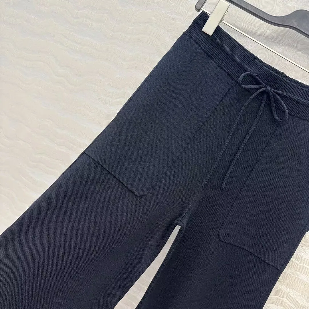 2025 New Fashion Autumn Knitted Wide Leg Pants Women Elastic Waist Pockets Stripes Patchwork Loose Casual Trousers