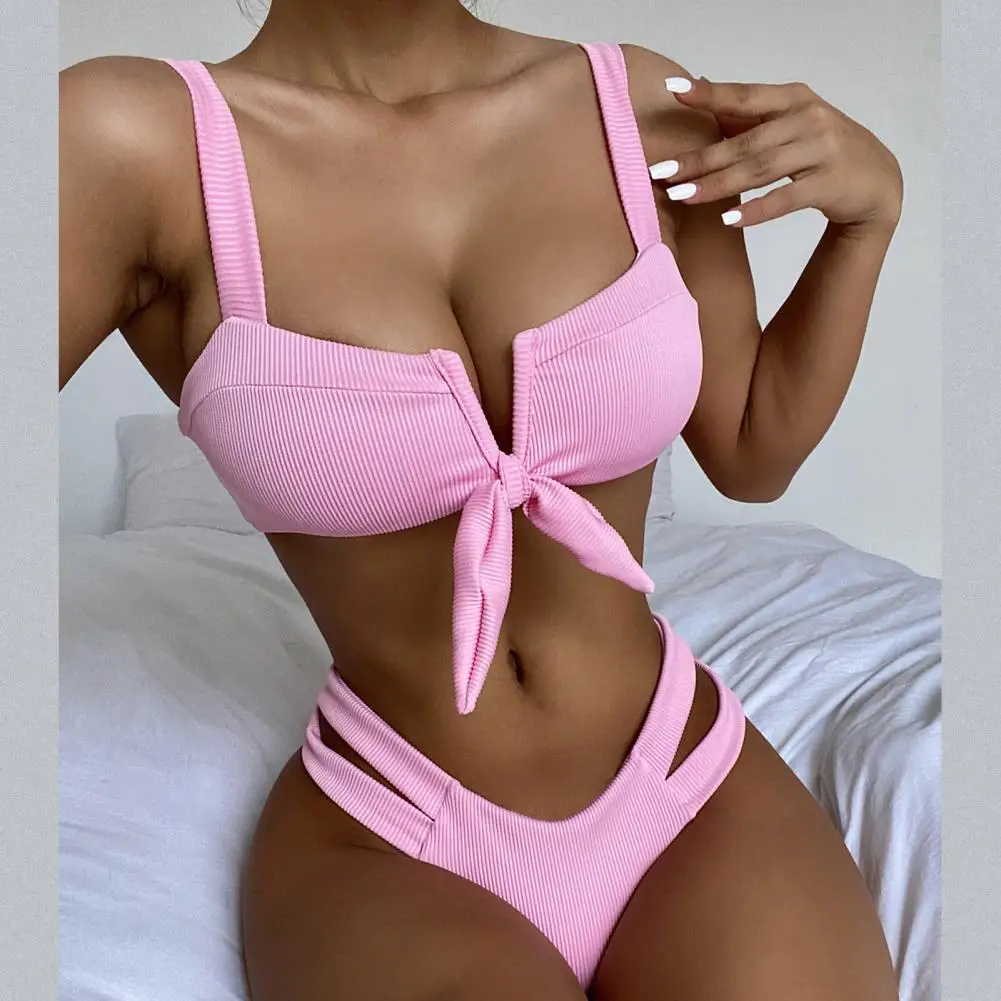 

2Pcs Sexy Split Bikinis Set Women Swimsuit Pure Color Bowknot Bras briefs Two Piece Set Bikinis Women Swimwear купальник женский