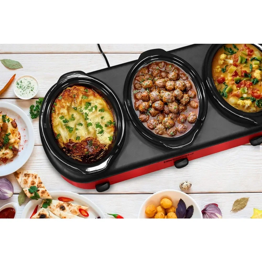 Servidor de buffet de fogão lento triplo, temperatura ajustável, panelas cerâmicas ovais próprias para máquina de lavar louça, apoios para tampa, capacidade de 3 x 2,5 Qt, vermelho