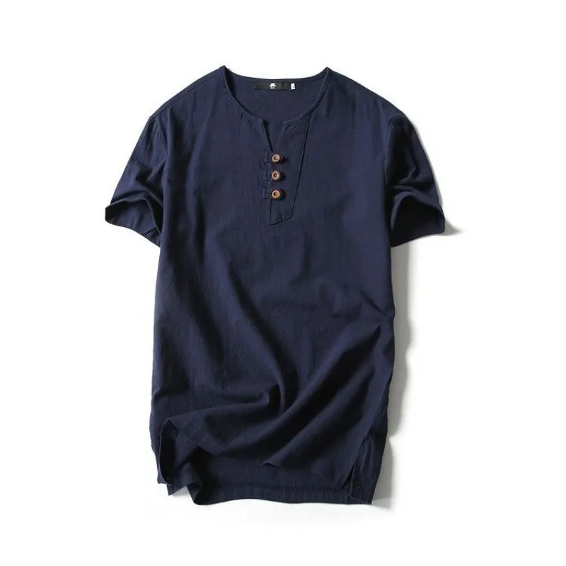 تي شيرت صيفي مقاس كبير للرجال من الكتان رقيق وفضفاض من القطن والكتان بأكمام قصيرة يسمح بمرور الهواء ويمتص العرق على الطراز ال...