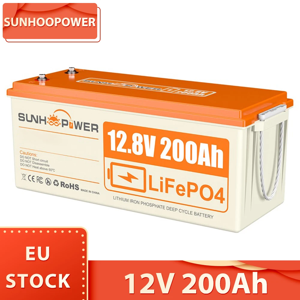 SUNHOOPOWER 12V 200Ah LiFePO4 Battery, 2560Wh Energy, Built-in 100A BMS, Max.1280W Load Power, Max. 100A Charge/Discharge, IP68