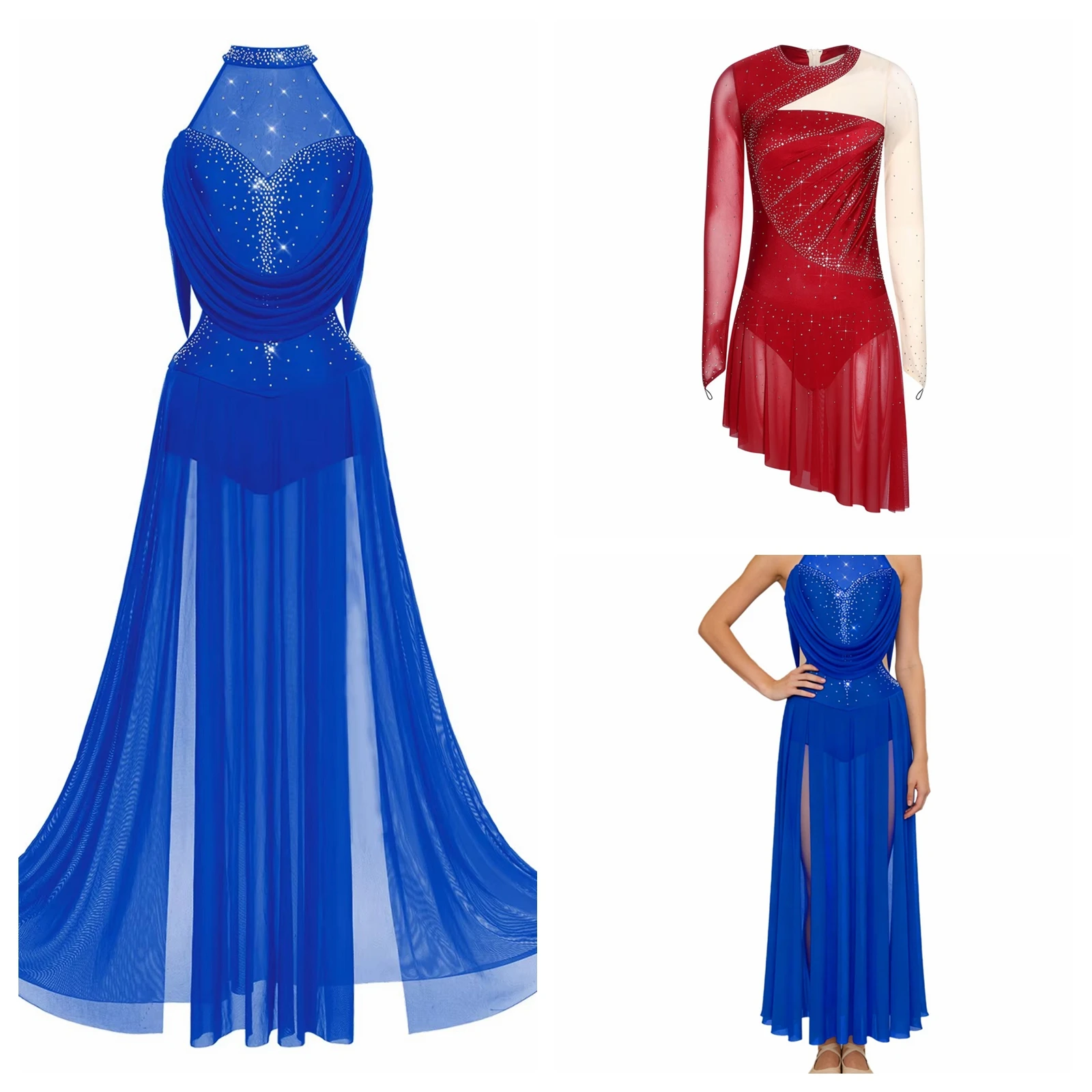 

Женское платье для фигурного катания с лямкой через шею, современный лирический танцевальный костюм без рукавов, с открытыми спиной, длинное макси-платье со стразами, современная танцевальная одежда