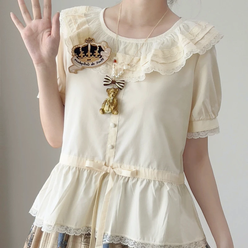 Japanese Vintage Elegant Lolita Style Blouses Women Sweet Lace Ruffles O Neck Short Sleeve Shirts Kawaii Cute Button Slim Tops