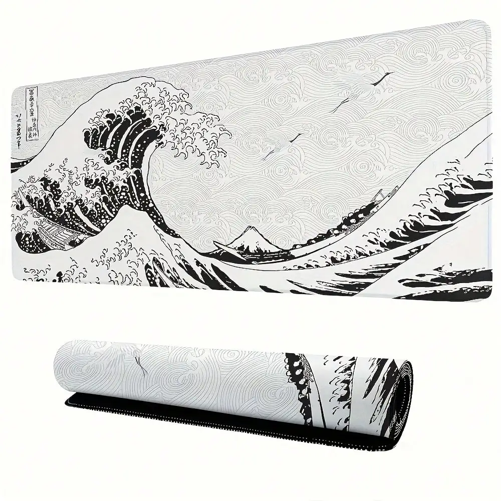 XXL Gaming Mouse Pad Featuring A Black-And-White Wave Art Design; Washable Surface; Stylish Rectangular Desk Mat Suitable For Desktops, Laptops, Office Work