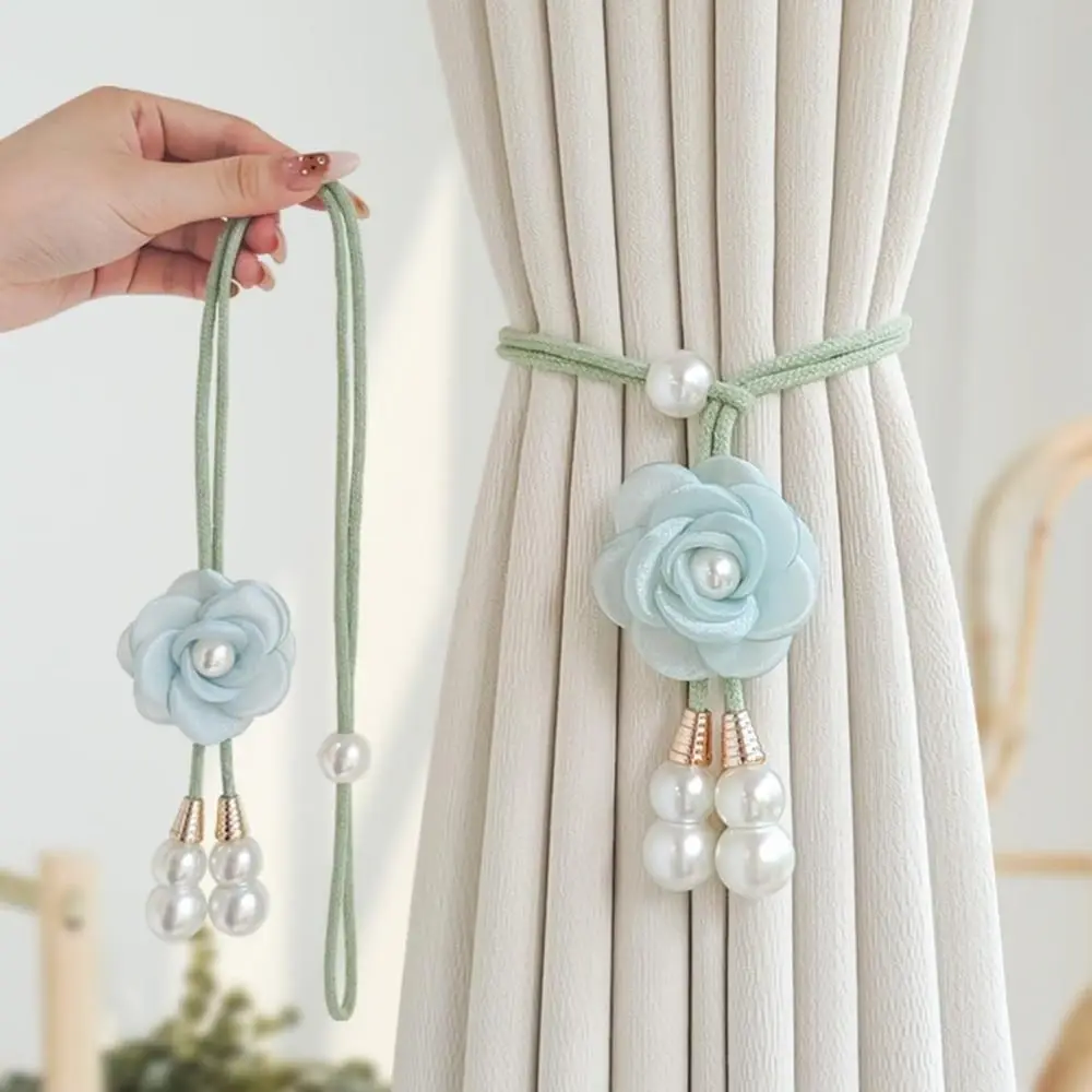 2Pcs Modern Floral Curtain Tiebacks Minimalist Adjustable Camellia Curtain Tiebacks Pearl Pendant Pearl Curtain Holdbacks