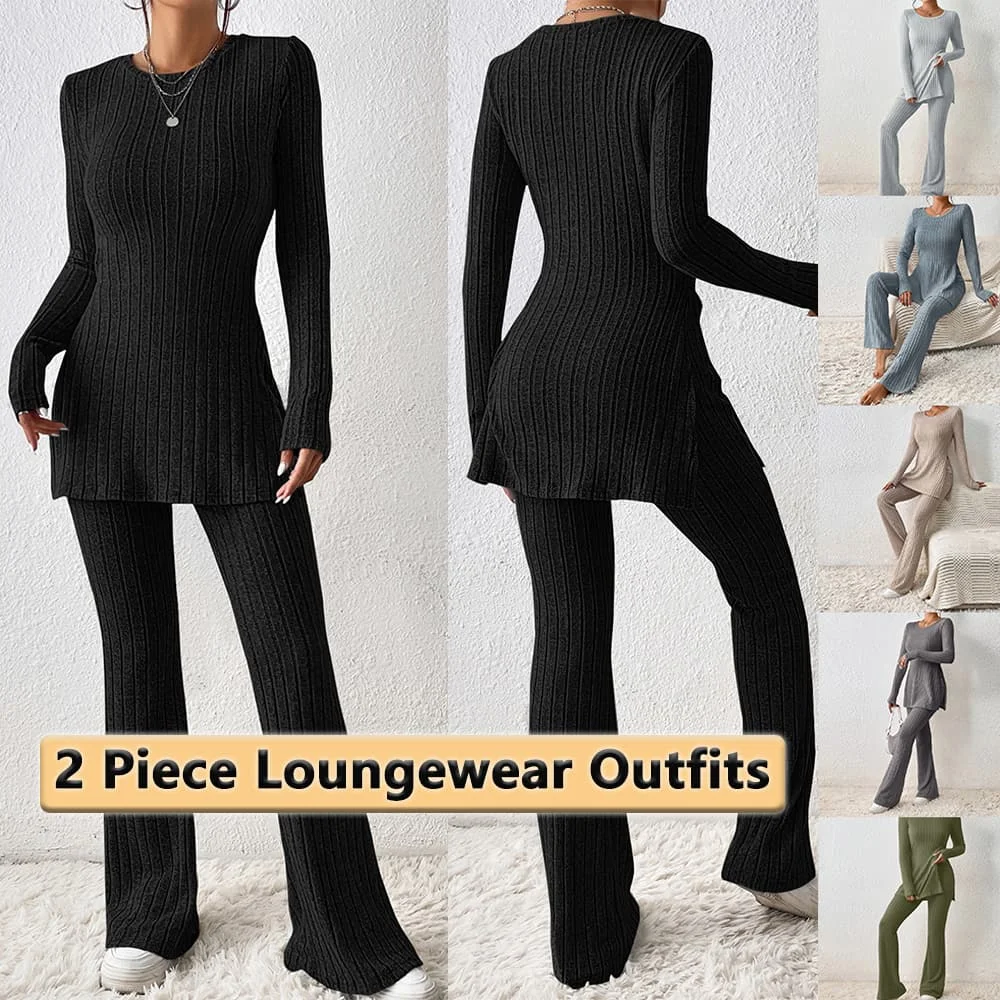 Women 2 Piece Loungewear Outfits Solid Color Slim Fit Slouchy Home Suits Comfortable Women Split Hem Tee And Flare Leg Pants Set