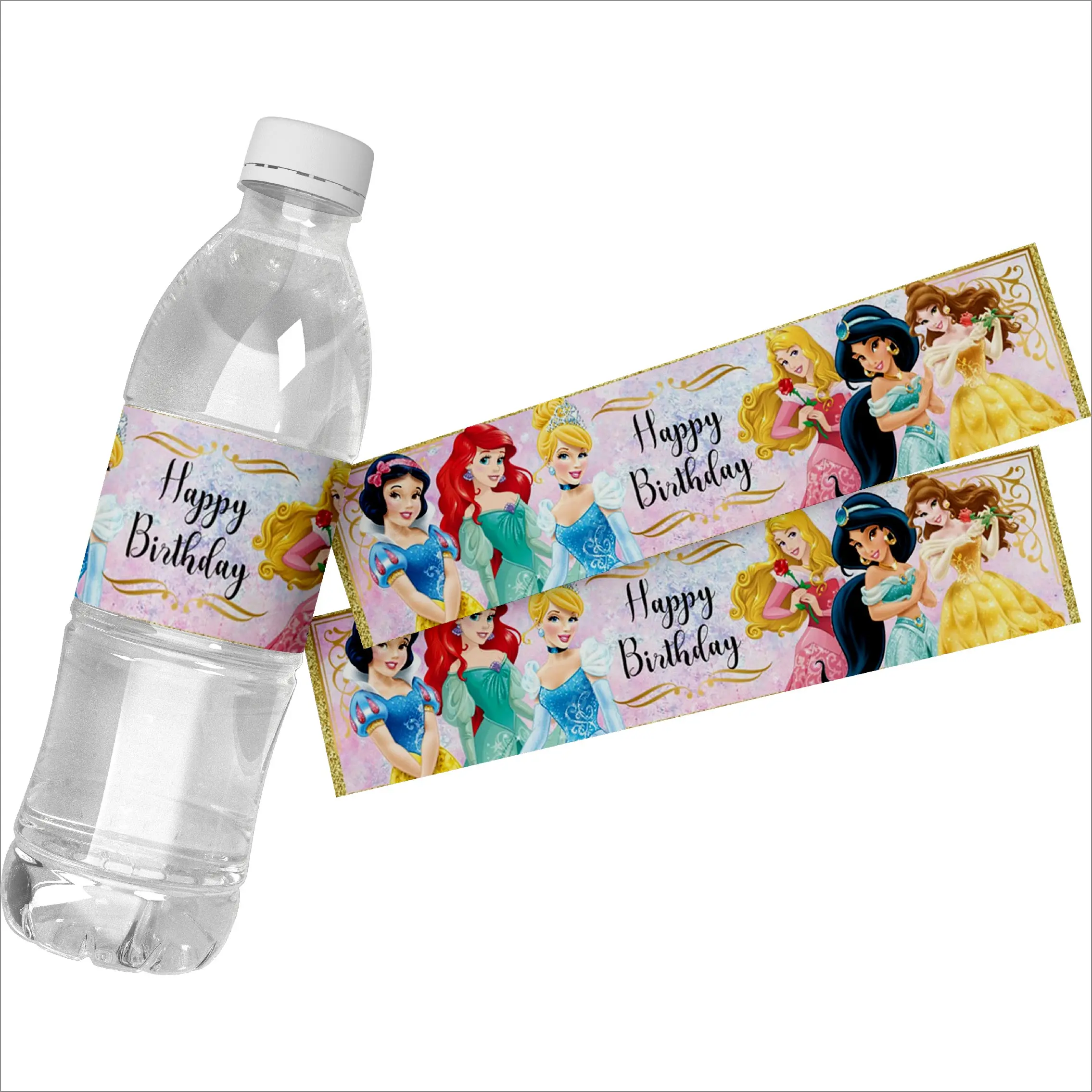 Etiquetas adhesivas para botella de agua con temática de princesa Disney, suministros de decoración para fiesta de cumpleaños de niños, envoltorio