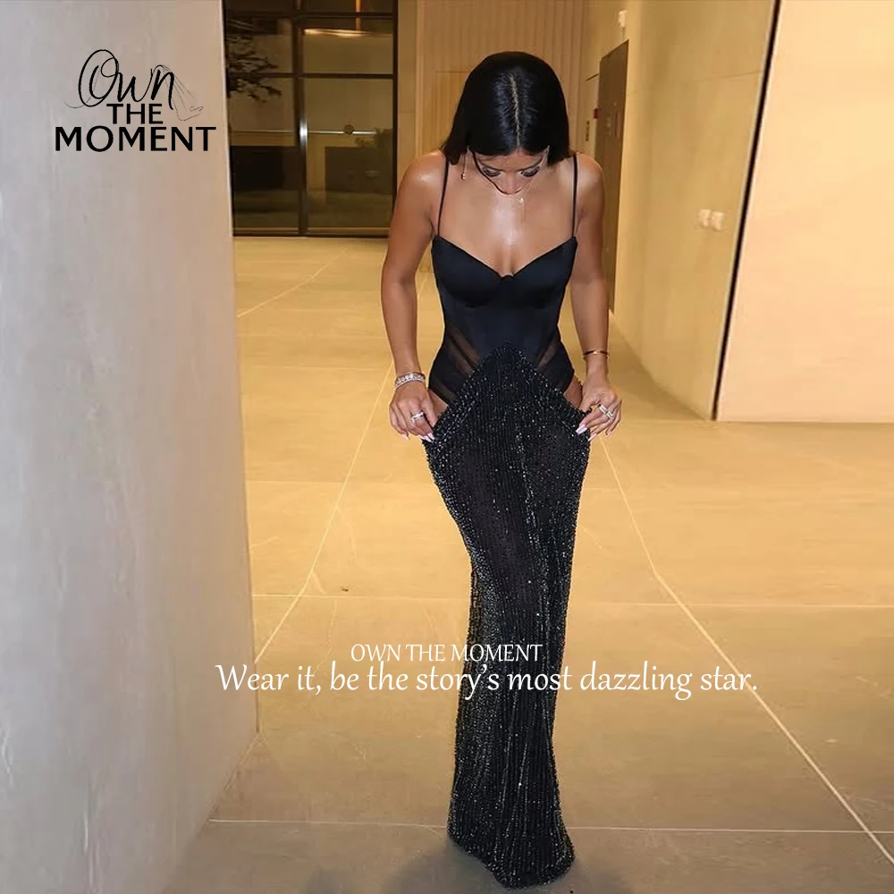 OTM فستان ماكسي مثير بحمالات رفيعة للنساء موضة بدون أكمام شبكي مقسم سباركلي ترتر للحفلات المسائية فستان طويل مخصص