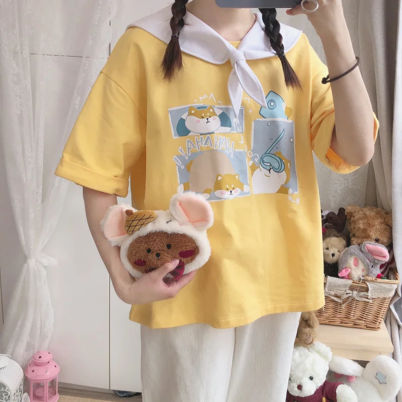 2024 Summer Women Sweet Lolita Short Sleeve T-shirt Cartoon Corgi Dog Print Sailor Collar Tie T Shirts JK Girls Kawaii Tee Shirt