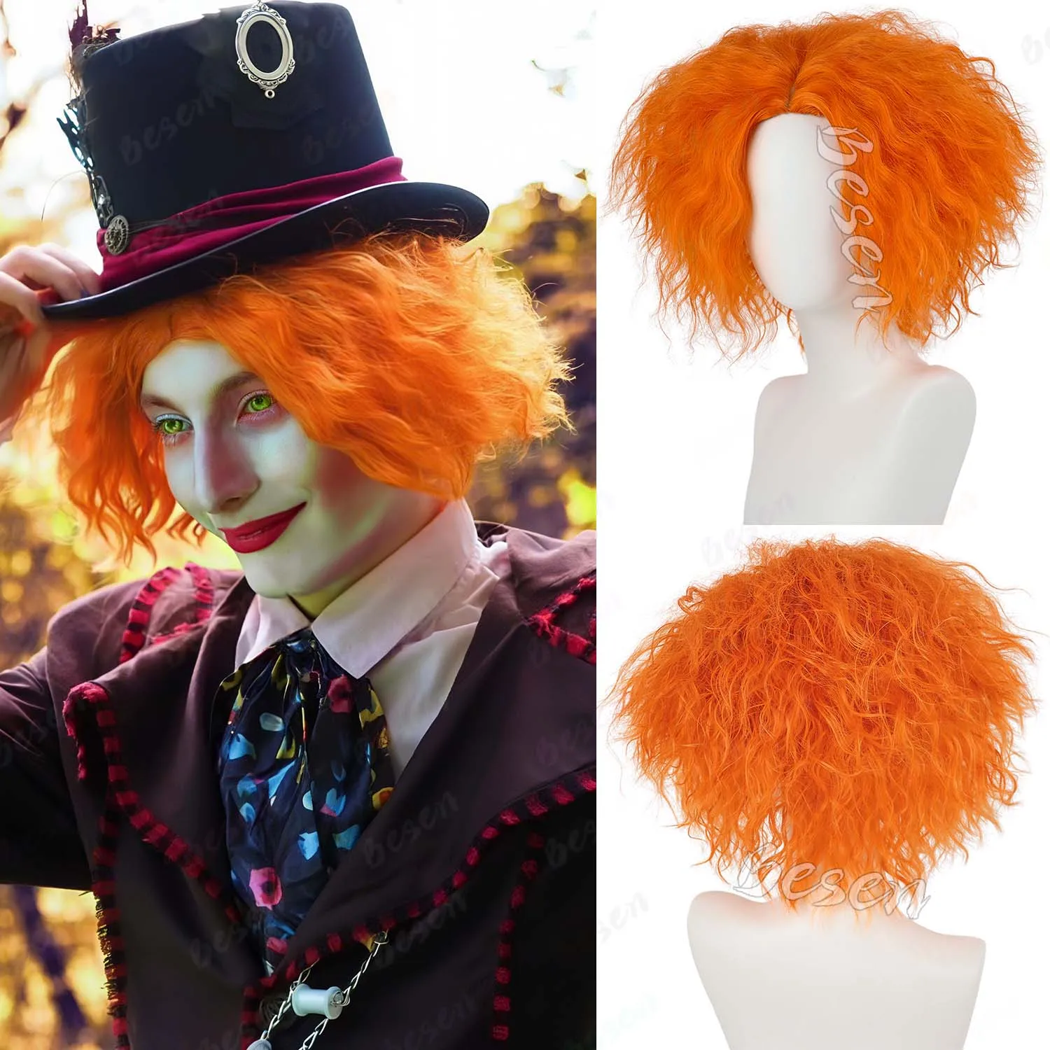 Synthetic Short Orange Curly Wig for Cosplay Halloween Anime Funny Wigs Unisex Messy Cosplay Wig Role Play Mad Hatter Wig