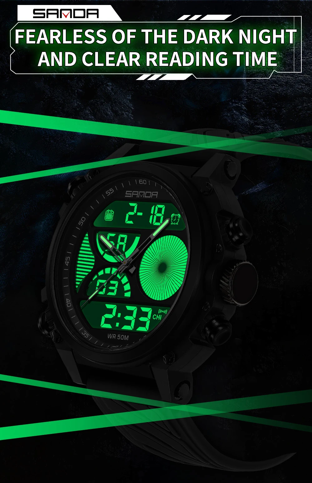 Модные мужские электронные часы SANDA 6236, большой циферблат, двойной экран, многофункциональные водонепроницаемые светодиодные ночники, мужские часы