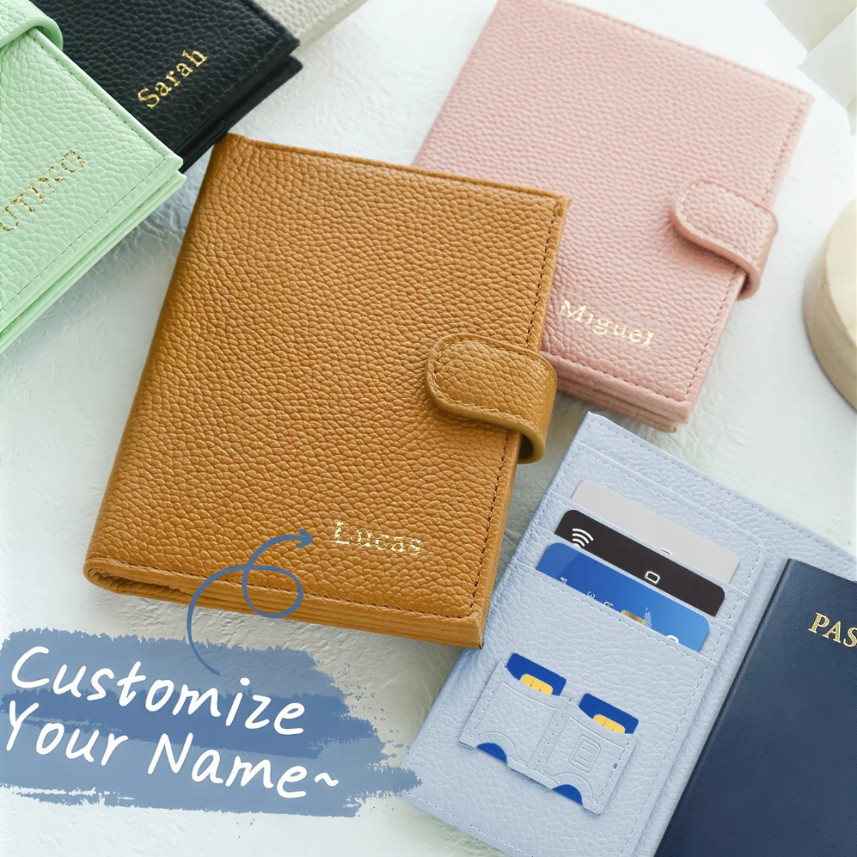 

Personalized Name Rfid Passport Holder Custom Gold Monogram Travel Wallet with Card Holders Zippered Coins Pocket and Cash Slot