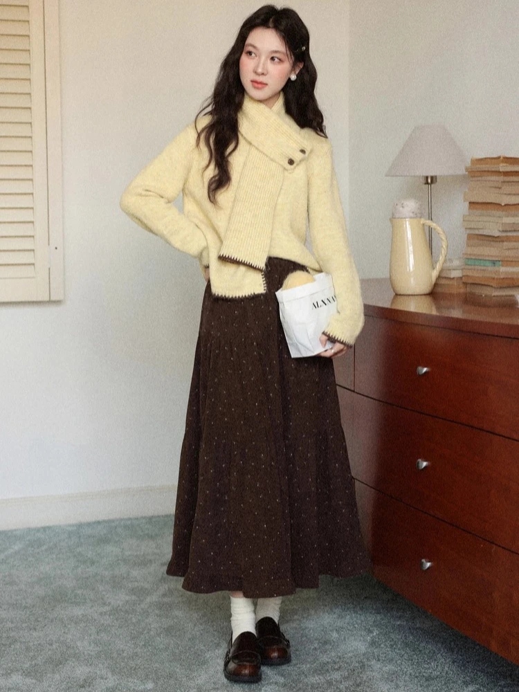 ALXNAN Vintage Spódnice w Grochy z Elastyczną Gumką w Pasie, Luźne Spódnice w Kształcie Litery A, Modne Spódnice Warstwowe, Kolekcja Jesień Zima 2025, Odzież Damska L59505