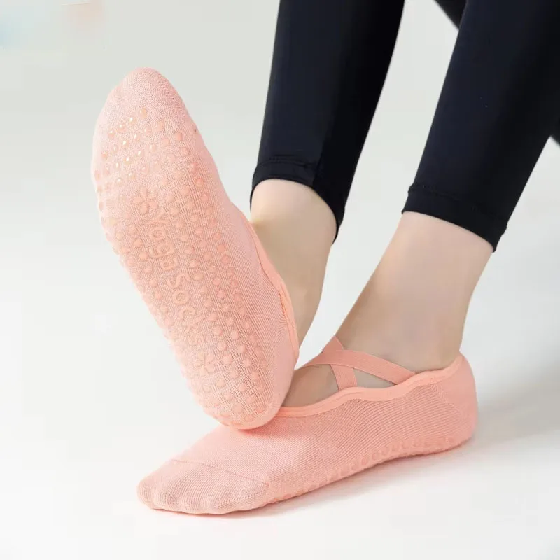 Non Slip Women Yoga Socks Silicone Cross Straps, Soft Breathable Cotton Socks for Pilates, Ballet, Dance & Home Workout