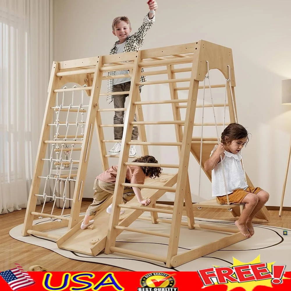 

Indoor Jungle Gym 8-in-1 Montessori Climbing Toy Playground Set with Swing Slide Monkey Bars and Rock Climbing Wall Toddlers 1-8
