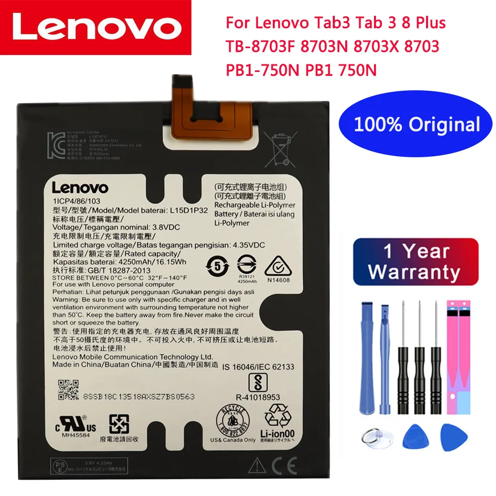 

New 100% Original Battery L15D1P32 For Lenovo Tab3 Tab 3 8 Plus TB-8703F 8703N 8703X 8703 PB1 750N Tablet Battery Bateria