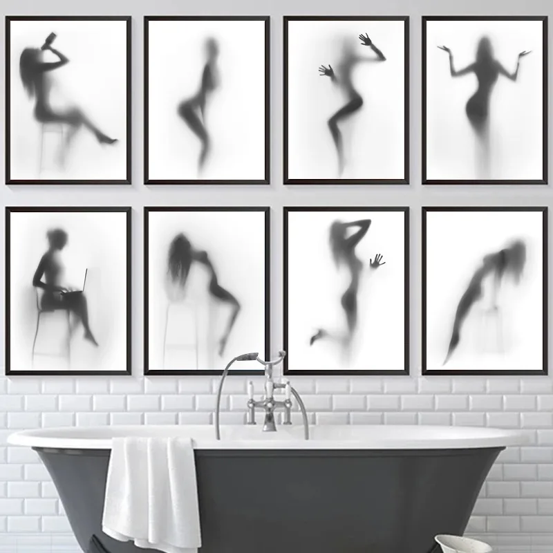 Black and White Abstract Beauty Women Sexy Nude Girl Shower Obscure Posters Prints Canvas Painting for Room Bath Wall Art Decor