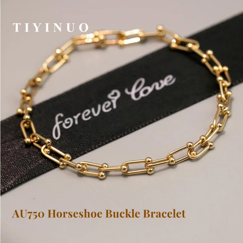 TIYINUO Authentic AU750 Real 18K Gold Horseshoe Buckle Chain Necklace Bracelet Precious Gift  Present For Woman Fine Jewelry