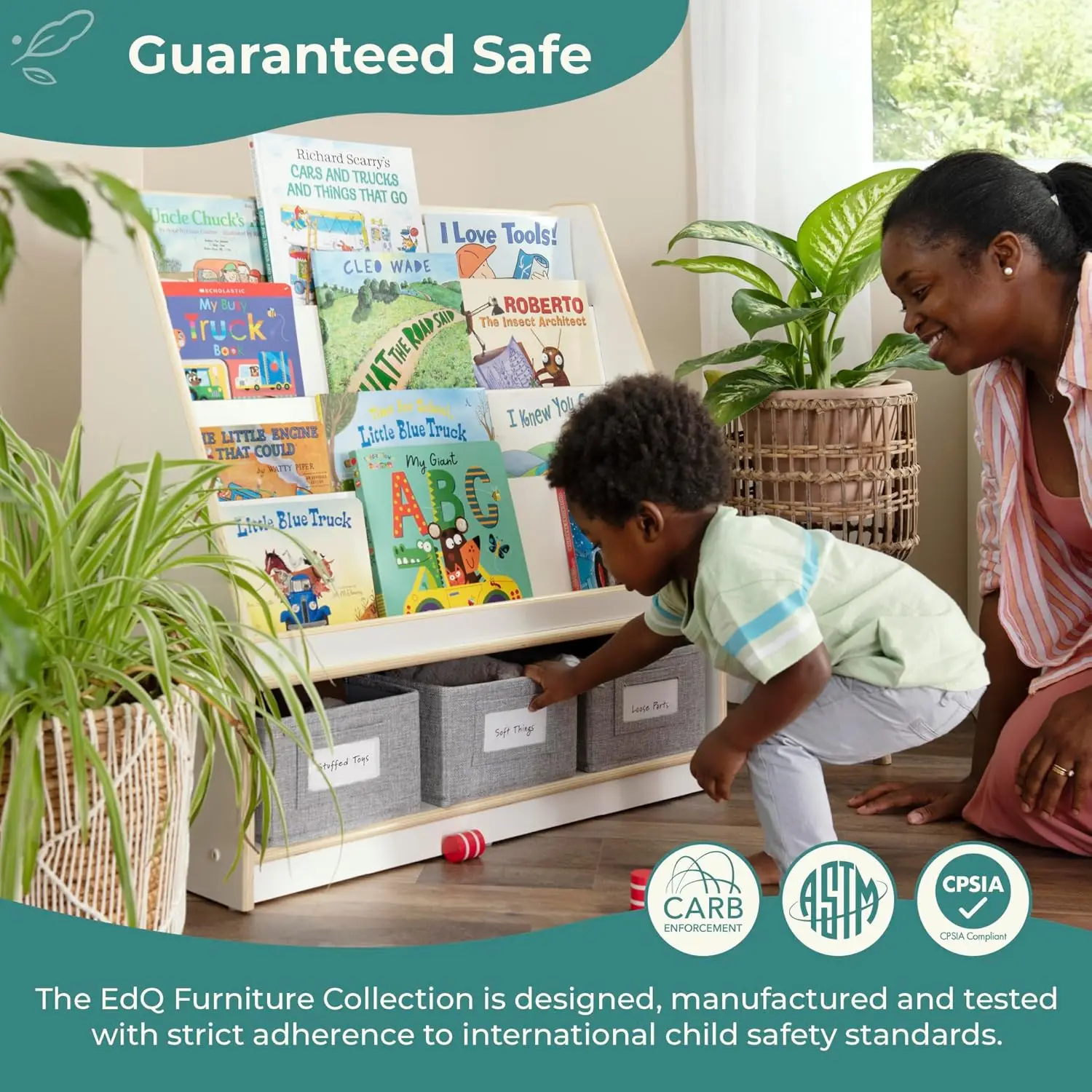 EdQ Weißes Bücherregal aus Holz mit 3 Behältern: Kinder-Bücherregal und Spielzeug-Organizer